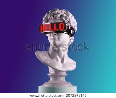
3D rendering of classical head sculpture with VR visor headset displaying HELLO word in red LED lights. Isolated on blue gradient background. Stockfoto © 