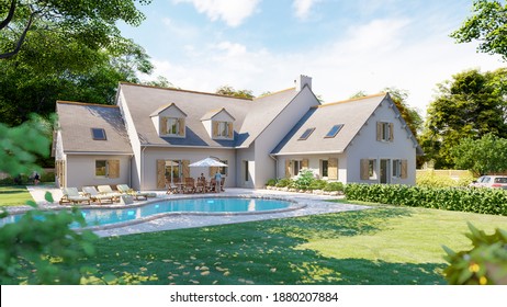 3D rendering of a classical pitched slate roof house with swimming pool and garden