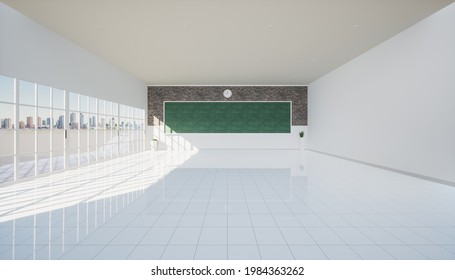 3d Rendering Of Classroom Background. Empty Room Interior In School, University Or College. And Board Or Blackboard, White Ceramic Tile Floor In Perspective For Teacher, Student To Teach And Learn.