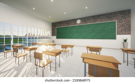 3d rendering of classroom. Interior room consist of tile floor, board or chalkboard and furniture i.e. desk or table, chair for teacher and student to teach, study and training. Education background. - Powered by Shutterstock - Get 15% off with code: PIKWIZARD15