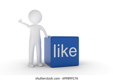 A 3D rendering from a clay characters who stands beside a blue cube with the word like.