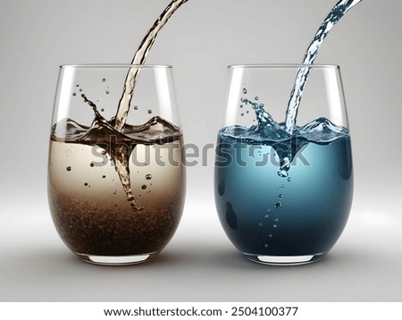 3D rendering of clean and dirty water in glasses.