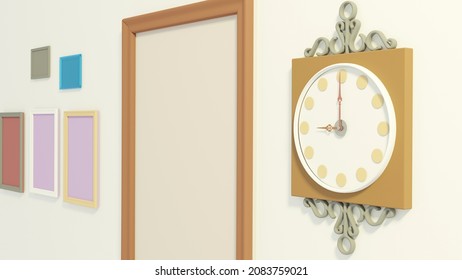 3d rendering, clock on the wall, old clock, frame on the wall, 3 d