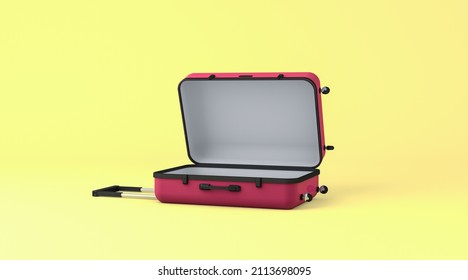 3D rendering, Close up opening of red suitcase, empty luggage mock up, put on yellow color background.