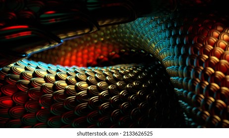 3D Rendering Close Up Scale Body Of Golden Chinese Dragon With Lighting Dramatic.