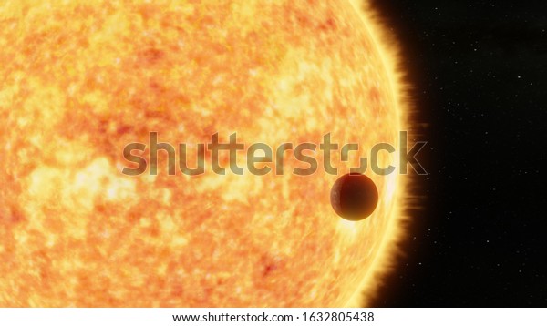 3D\
rendering of a close up of a sun or star with an exoplanet or extra\
solar planet orbiting close seen from space  trasiting in front of\
the sun and with the Milkyway galaxy in the\
background