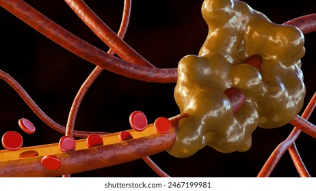 3d rendering of close up view of blood vessel and cancer cell 