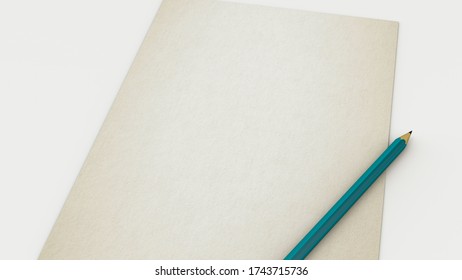 3d rendering, Close up of white old paper and blue green pencil mock up put on the desk, blank empty space for copy, isolated white gray background.