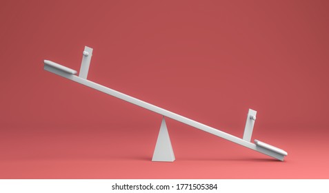 3d rendering, Close up of white seesaw mock up leaning to the right side, on red pink color background.