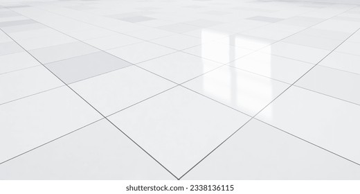 3d rendering of close up white tile floor in perspective view, empty space in room, window and light. Modern interior home design look clean, bright, shiny surface with texture pattern for background.