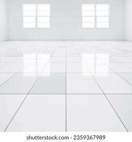 3d rendering of close up white tile floor in perspective view, empty space in room, window and light. Modern interior home design look clean, bright, shiny surface with texture pattern for background.