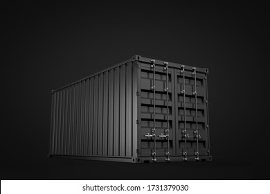 3d Rendering Of Closed Black Shipping Container On Black Background. Digital Art. Objects And Materials. Transportation And Delivery.