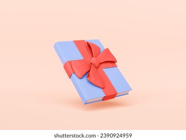 3D rendering of a closed blue book tied with a vibrant red ribbon, presented as a gift, set against a soft peach colored background with a minimalist aesthetic. - Powered by Shutterstock