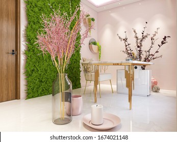 3D rendering, closed pink balcony with table and green plants