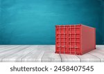 3d rendering of closed red shipping container on white wooden floor and dark turquoise background