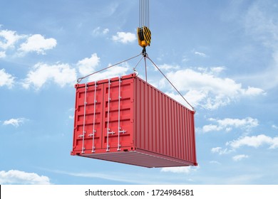 3d Rendering Of Closed Red Shipping Container Suspended From Crane Against Blue Sky With White Clouds. International Shipping Trade. Intermodal Freight Transport. Global Trade.