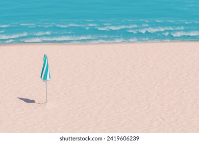 3d rendering of a closed striped beach umbrella standing alone on a textured sandy shore with the serene blue ocean and waves in the background. Summer relaxation concept.