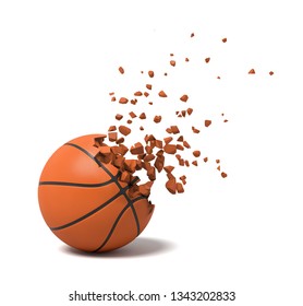 3d Rendering Close-up Of Basketball Starting To Dissolve Into Pieces On White Background. Play Sports. Join Game. Achieve Success.