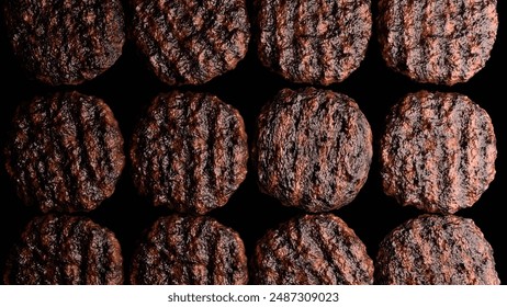 3d rendering of a close-up beef patties on a black background. The patties are brown and appear to be cooked through. They have a slightly crispy crust around the edges - Powered by Shutterstock