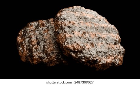 3d rendering of a close-up beef patties on a black background. The patties are brown and appear to be cooked through. They have a slightly crispy crust around the edges - Powered by Shutterstock