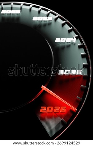 3D rendering of a close-up black speedometer featuring highlighted cutoff points at 2025 and 2026. 