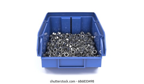 3D Rendering - Closeup Blue Plastic Storage Bin With Nuts Isolated On White Background.