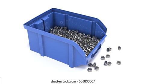 3D Rendering - Closeup Blue Plastic Storage Bin With Nuts Isolated On White Background.