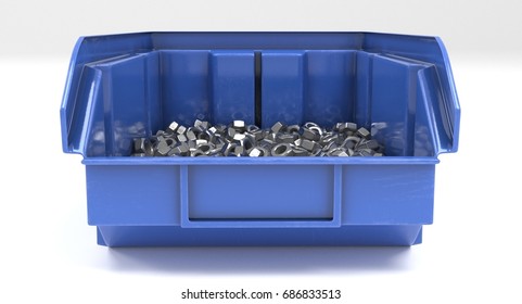 3D Rendering - Closeup Blue Plastic Storage Bin With Nuts Isolated On White Background.