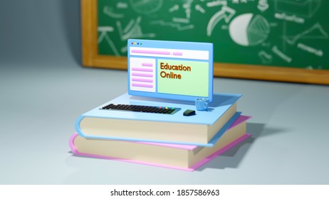 3D Rendering of closeup computer set on books that represents education online concept. Learning through the internet.