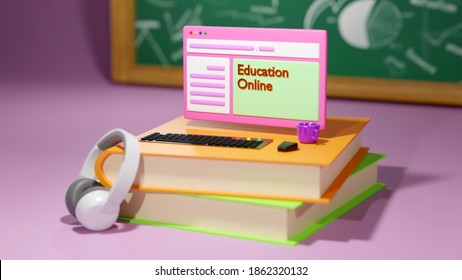 3D Rendering of closeup computer set on books that represents education online concept. Learning through the internet.