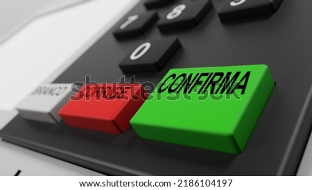 3d rendering of close-up on the green confirmation button of electronic urn keyboard used in Brazil, written in Portuguese: "white", "correct" and "confirm"