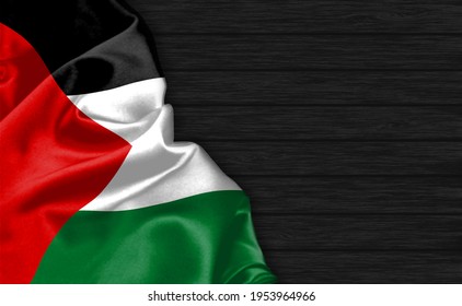 3D rendering Closeup of Palestine flag on the top of black wooden background
