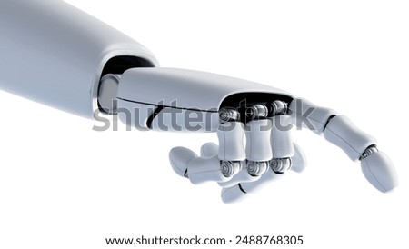 A 3D rendering of a close-up view of isolated robotic hands functioning as an AI technology assistant. 