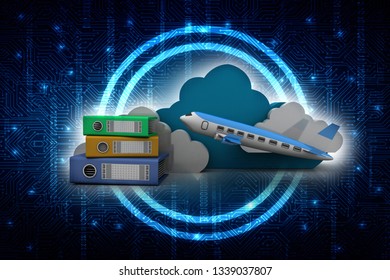 3d rendering cloud  folder network with flying Airplane