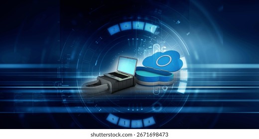 3d rendering cloud lock in laptop