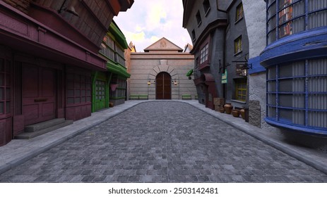 3D rendering of the cobblestone streets