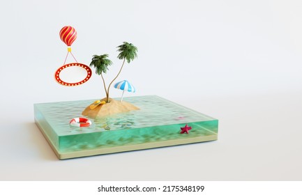 3d rendering of  coconut trees on a small island in the sea.