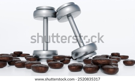 3d rendering of coffee beans and dumbbell, caffeine can enhance physical performance and cognitive function, it is a popular pre-workout beverage.
