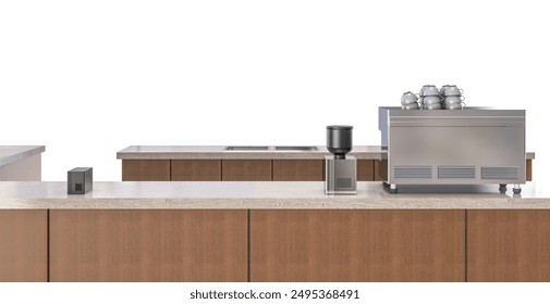 3d rendering coffee machine and grinder on counter bar with empty space isolated on white
