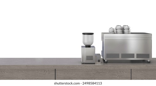 3d rendering coffee machine and grinder on counter bar with empty space isolated on white