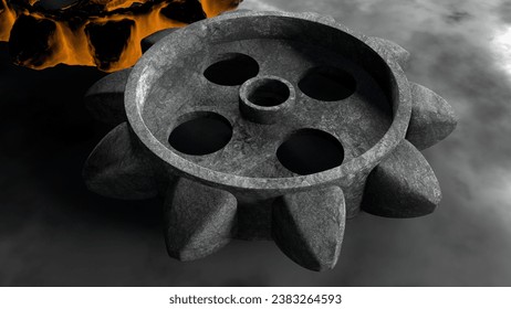 3D rendering of cogwheels in closeup on reflective surface with soft focus background 