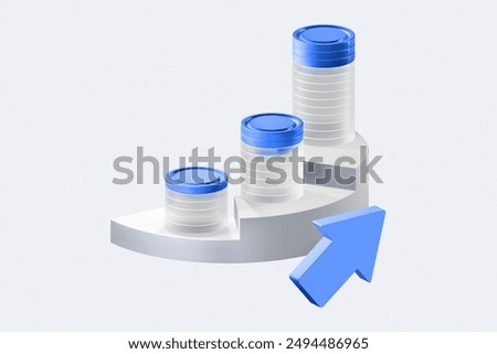 3d Rendering. Coins on pie chart with arrow up. Financial and banking concept of money growth.