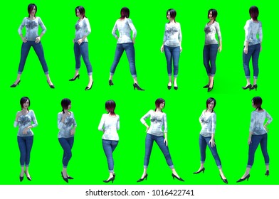 3D rendering of a collection of poses of young female figures on a chroma key background