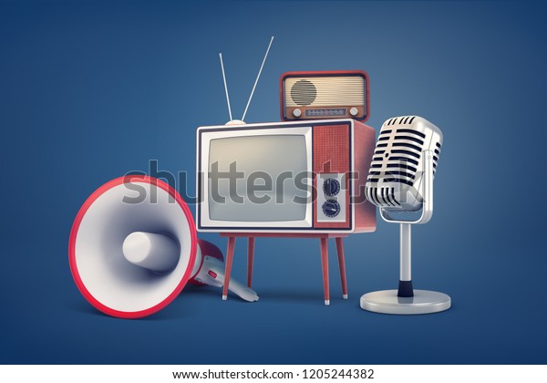 3d\
rendering of collection of several pieces of vintage equipment: a\
TV, a radio set, a microphone and a megaphone. Telecom equipment.\
Old school electronics. Retro audio-video\
equipment.