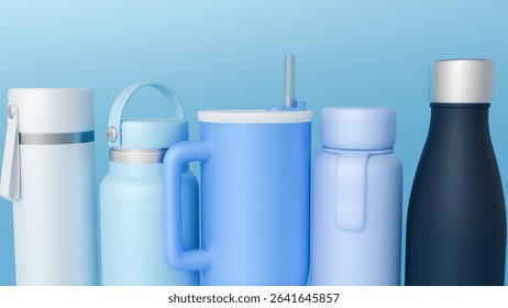 A 3d rendering of a collection various drinkware items or tumblr, all rendered in a monochromatic blue palette, an aesthetic theme.