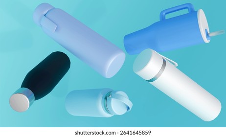 A 3d rendering of a collection various drinkware items or tumblr, all rendered in a monochromatic blue palette, an aesthetic theme.