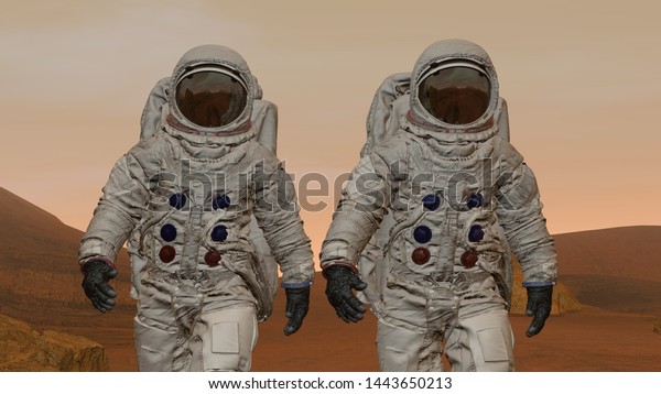 3D rendering. Colony on\
Mars. Two Astronauts Wearing Space Suit Walking On The Surface Of\
Mars.