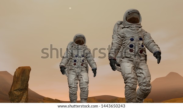 3D rendering. Colony on
Mars. Two Astronauts Wearing Space Suit Walking On The Surface Of
Mars.