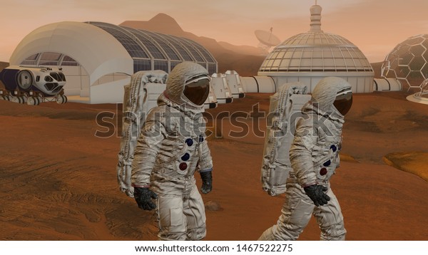 3D rendering. Colony on\
Mars. Two Astronauts Wearing Space Suit Walking On The Surface Of\
Mars.