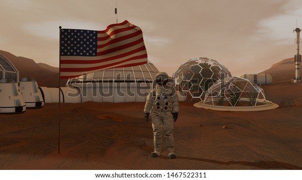 3D rendering. Colony on Mars.\
Astronaut saluting the American flag. Exploring Mission To Mars.\
Futuristic Colonization and Space Exploration\
Concept.